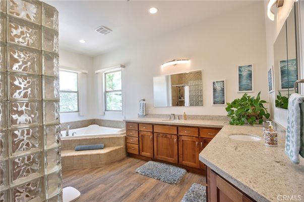 Bathroom, Dual Sink Vanities, Interior, Recessed Lighting, Wood Texture Flooring