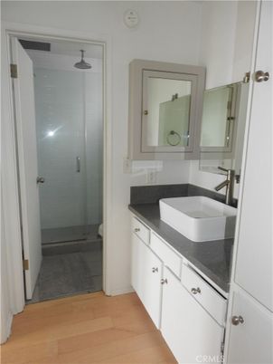 Bathroom, Glass Shower, Interior, Wood Texture Flooring