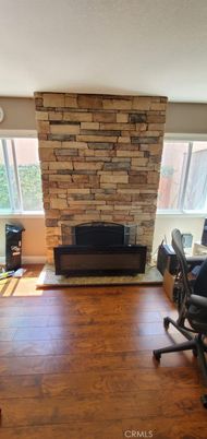 Fireplace, Home Office, Interior, Stone Walls, Wood Texture Flooring
