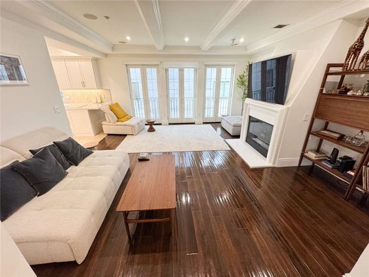 Fireplace, Interior, Living room, Recessed Lighting, Wood Texture Flooring