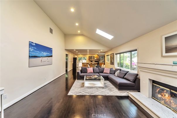 Fireplace, Interior, Living room, Recessed Lighting, Wood Texture Flooring