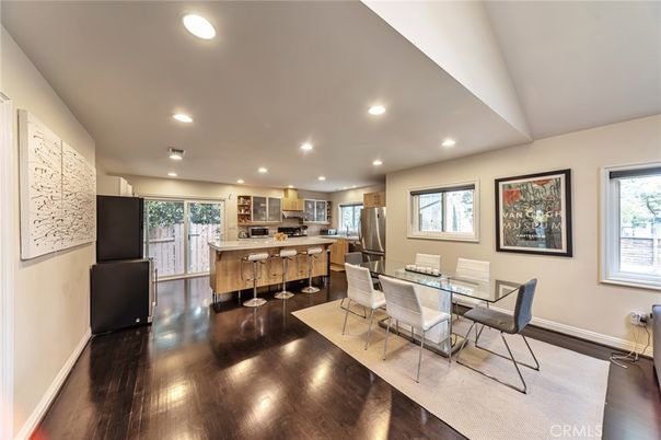 Dining room, Interior, Kitchen, Recessed Lighting, Stainless Steel Appliances, Wood Texture Flooring
