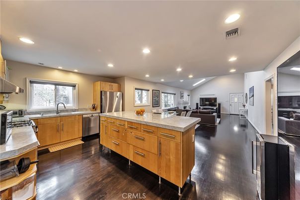 Dining room, Interior, Kitchen, Recessed Lighting, Stainless Steel Appliances, Wood Texture Flooring