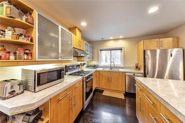 Interior, Kitchen, Recessed Lighting, Stainless Steel Appliances, Wood Texture Flooring
