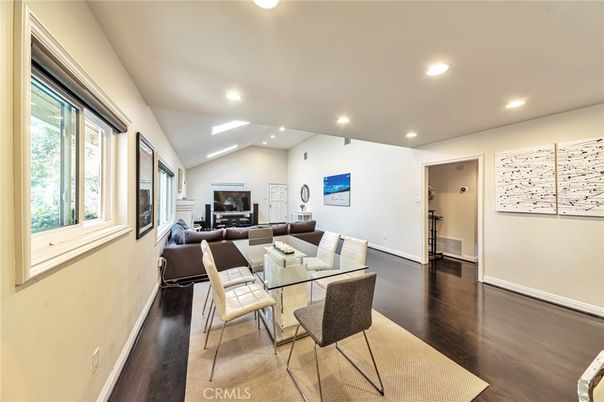 Dining room, Interior, Living room, Recessed Lighting, Wood Texture Flooring