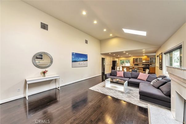 Fireplace, Interior, Kitchen, Living room, Recessed Lighting, Wood Texture Flooring