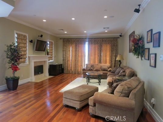 Fireplace, Interior, Living room, Recessed Lighting, Wood Texture Flooring