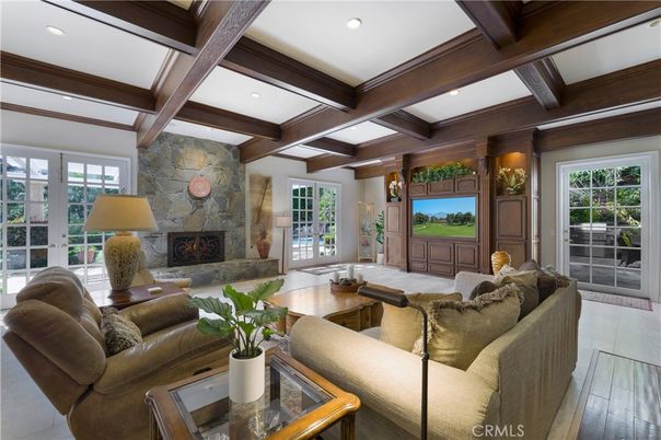 Fireplace, Interior, Living room, Recessed Lighting, Stone Walls, Wooden Beams, Wood Texture Flooring