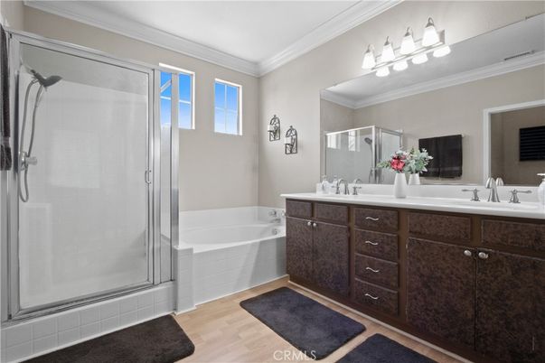 Bathroom, Dual Sink Vanities, Glass Shower, Interior, Wood Texture Flooring