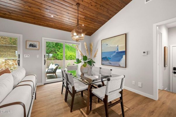 Dining room, Interior, Pendant Lights, Recessed Lighting, Wooden Ceilings, Wood Texture Flooring