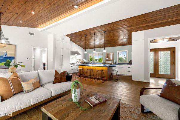Interior, Kitchen, Living room, Pendant Lights, Recessed Lighting, Wooden Ceilings, Wood Texture Flooring
