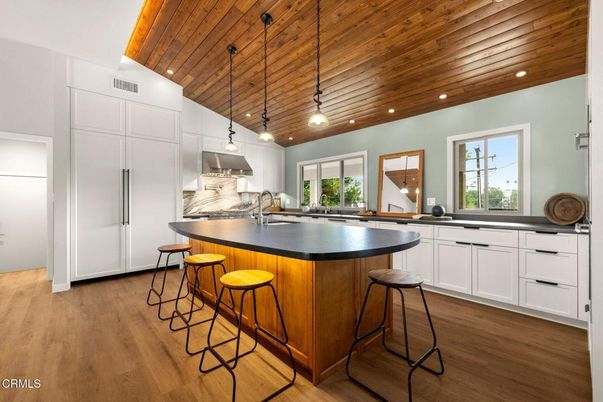 Interior, Kitchen, Pendant Lights, Recessed Lighting, Stainless Steel Appliances, Wooden Ceilings, Wood Texture Flooring