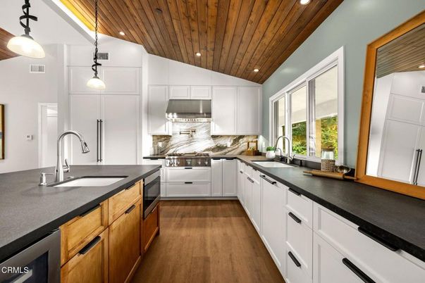 Interior, Kitchen, Pendant Lights, Recessed Lighting, Stainless Steel Appliances, Wooden Ceilings, Wood Texture Flooring