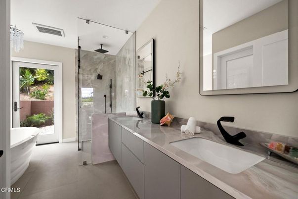 Bathroom, Dual Sink Vanities, Glass Shower, Interior, Marble Walls