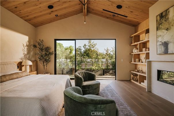 Bedroom, Fireplace, Interior, Recessed Lighting, Wooden Beams, Wooden Ceilings, Wood Texture Flooring