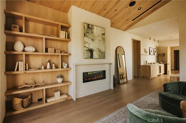 Fireplace, Interior, Pendant Lights, Recessed Lighting, Wooden Ceilings, Wood Texture Flooring