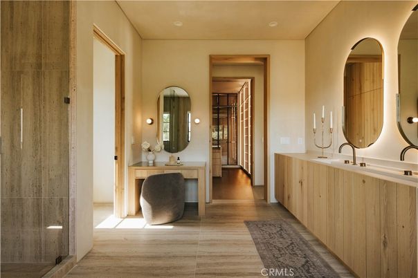 Bathroom, Dual Sink Vanities, Interior, Recessed Lighting, Wood Texture Flooring