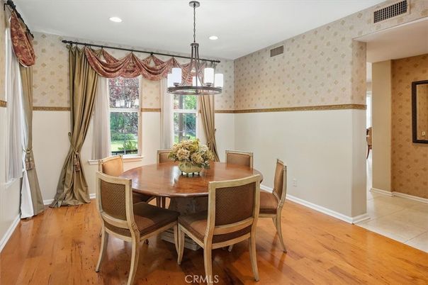 Dining room, Interior, Pendant Lights, Recessed Lighting, Wood Texture Flooring