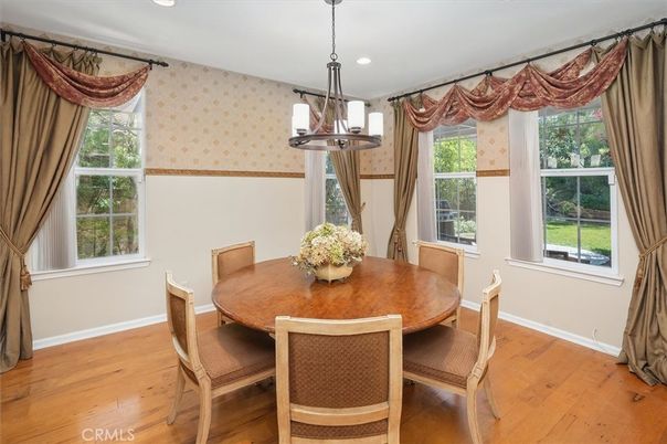 Dining room, Interior, Pendant Lights, Recessed Lighting, Wood Texture Flooring
