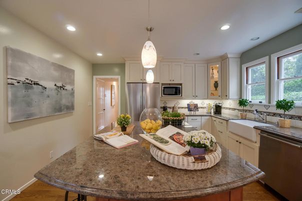 Interior, Kitchen, Pendant Lights, Recessed Lighting, Stainless Steel Appliances, Wood Texture Flooring