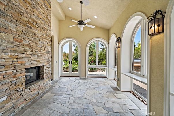 Fireplace, Interior, Recessed Lighting, Stone Walls