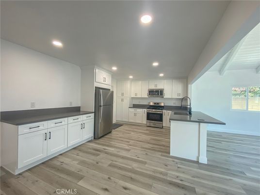 Interior, Kitchen, Recessed Lighting, Stainless Steel Appliances, Wood Texture Flooring