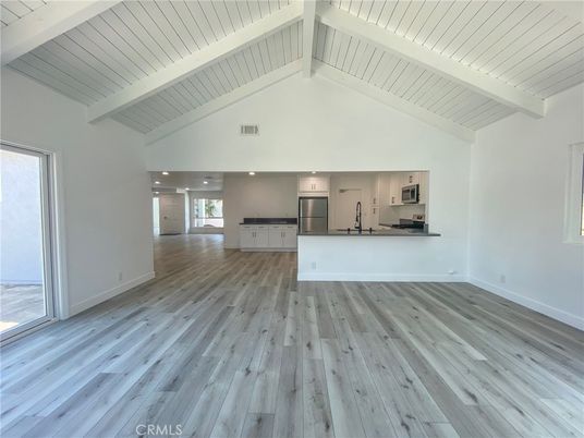 Empty room, Interior, Kitchen, Recessed Lighting, Wood Texture Flooring