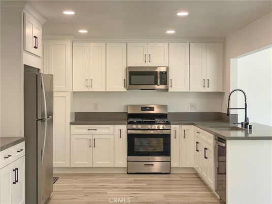 Interior, Kitchen, Recessed Lighting, Stainless Steel Appliances, Wood Texture Flooring