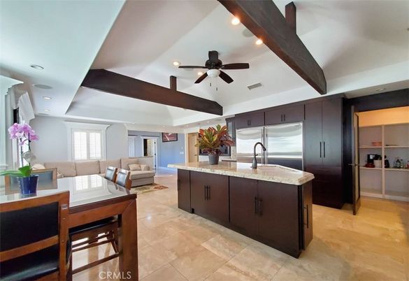 Interior, Kitchen, Living room, Recessed Lighting, Stainless Steel Appliances, Wooden Beams