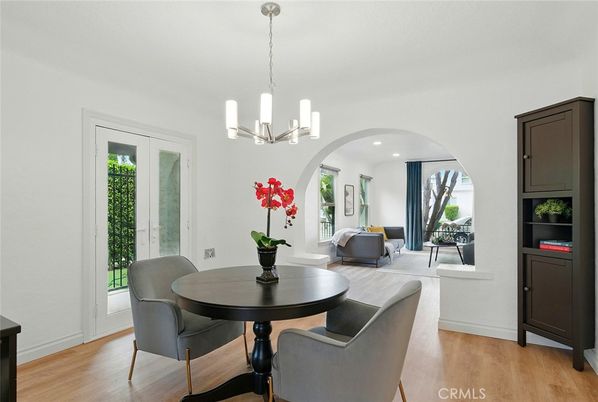 Chandelier, Dining room, Interior, Living room, Pendant Lights, Recessed Lighting, Wood Texture Flooring