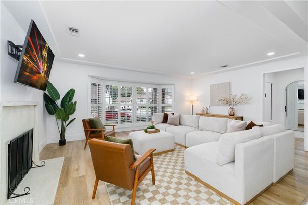 Fireplace, Interior, Living room, Recessed Lighting, Wood Texture Flooring