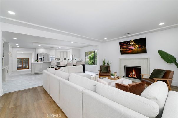 Fireplace, Interior, Kitchen, Living room, Recessed Lighting, Wood Texture Flooring