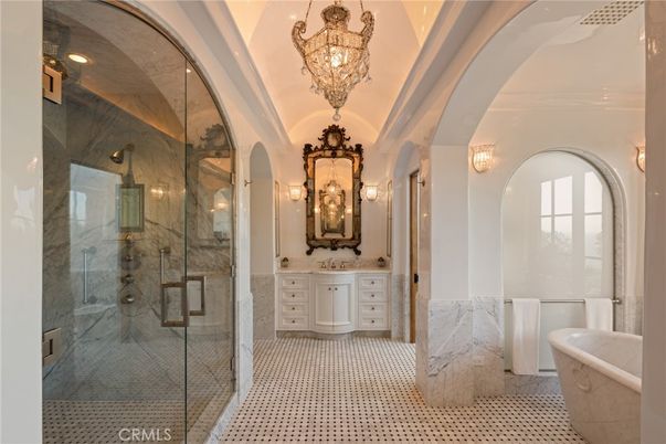 Bathroom, Chandelier, Glass Shower, Interior, Marble, Marble Walls