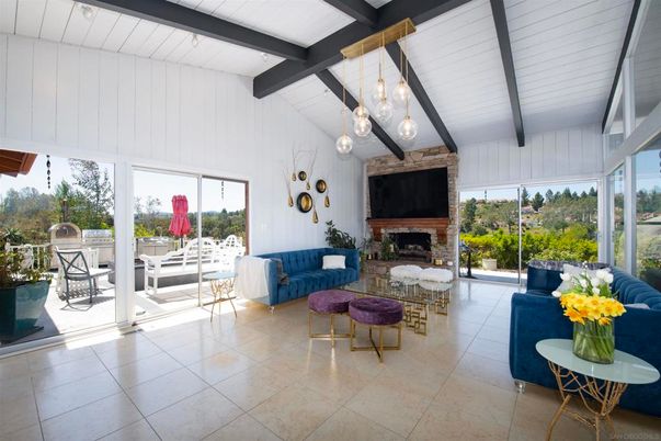 Fireplace, Interior, Living room, Pendant Lights, Wooden Beams