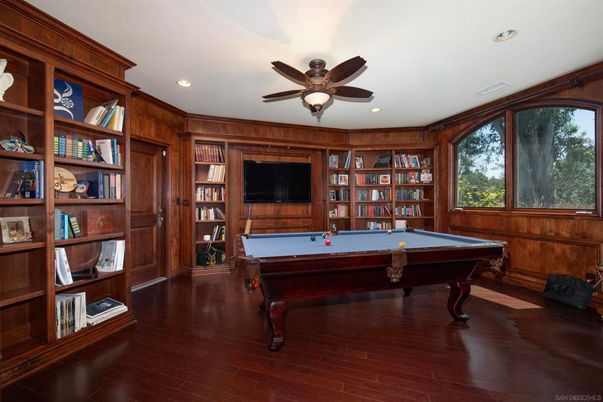 Billiard Table, Game Room, Interior, Recessed Lighting, Wood Texture Flooring, Wooden Walls