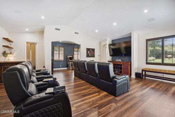 Home Theatre Room, Interior, Living room, Recessed Lighting, Theatre Room, Wood Texture Flooring