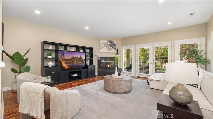 Fireplace, Interior, Living room, Recessed Lighting, Wood Texture Flooring