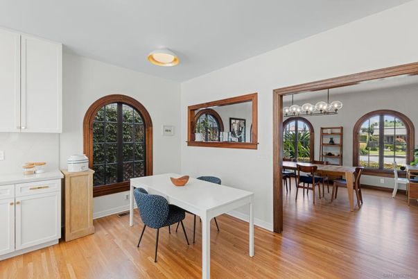 Dining room, Interior, Pendant Lights, Wood Texture Flooring