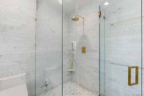 Bathroom, Glass Shower, Interior, Marble Walls, Recessed Lighting