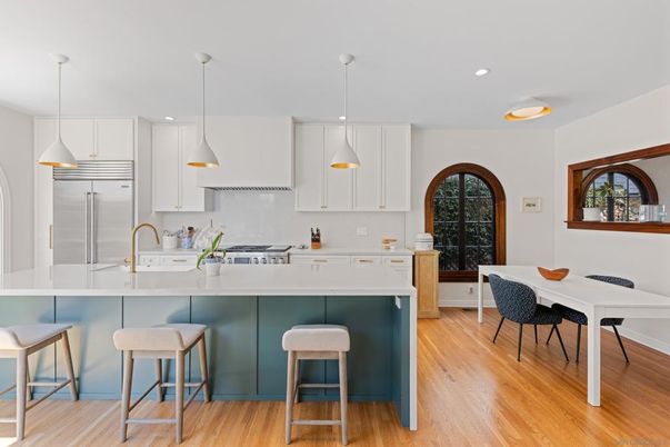 Interior, Kitchen, Pendant Lights, Recessed Lighting, Stainless Steel Appliances, Wood Texture Flooring