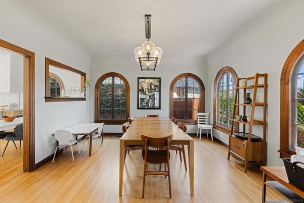 Dining room, Interior, Pendant Lights, Wood Texture Flooring