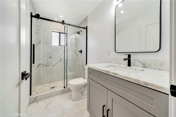 Bathroom, Glass Shower, Interior, Marble, Marble Walls, Recessed Lighting