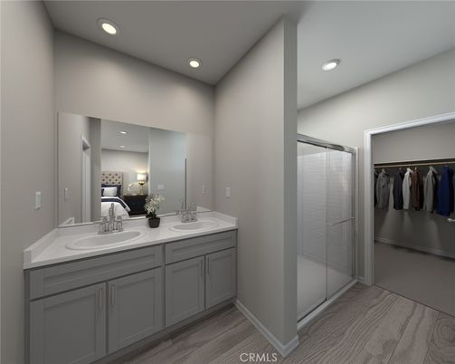 Bathroom, Dual Sink Vanities, Glass Shower, Interior, Recessed Lighting, Walk-in Closets, Wood Texture Flooring