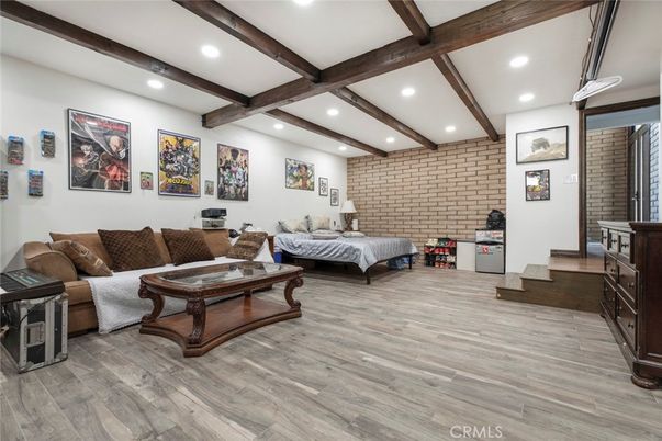 Bedroom, Interior, Recessed Lighting, Stone Walls, Wooden Beams, Wood Texture Flooring
