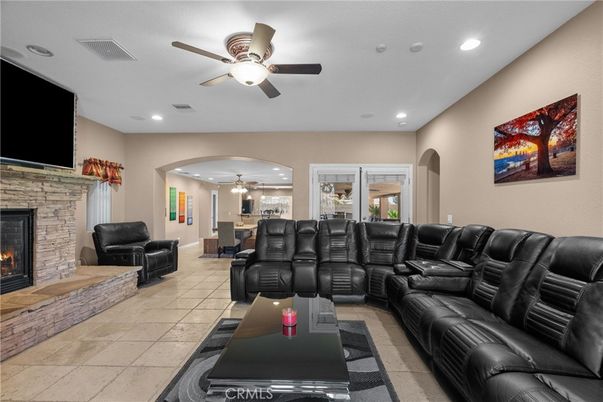 Home Theatre Room, Fireplace, Interior, Living room, Recessed Lighting, Stone Walls