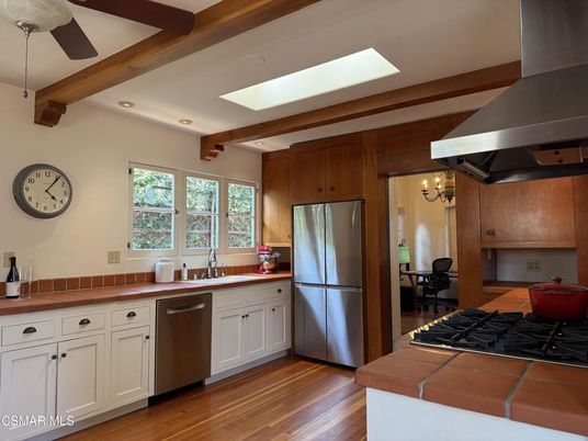 Chandelier, Interior, Kitchen, Recessed Lighting, Stainless Steel Appliances, Tile Countertops, Wooden Beams, Wood Texture Flooring