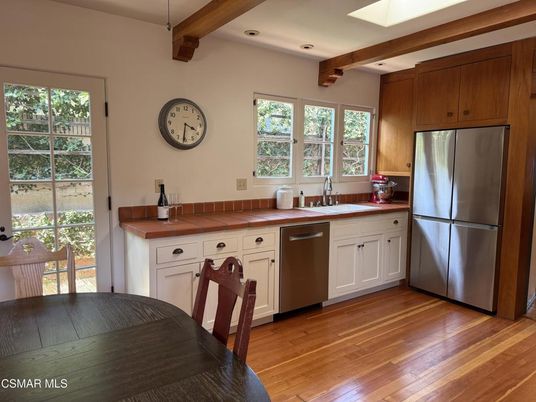 Interior, Kitchen, Recessed Lighting, Stainless Steel Appliances, Tile Countertops, Wooden Beams, Wood Texture Flooring