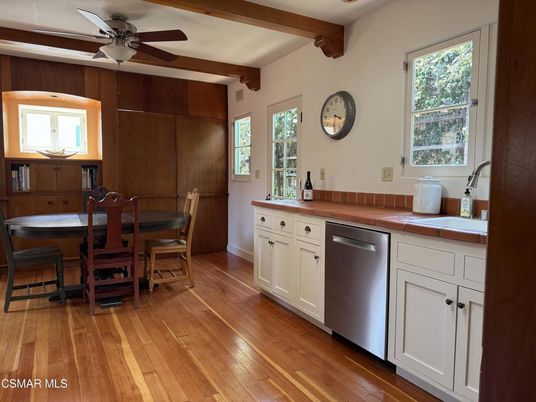 Dining room, Interior, Kitchen, Tile Countertops, Wooden Beams, Wood Texture Flooring