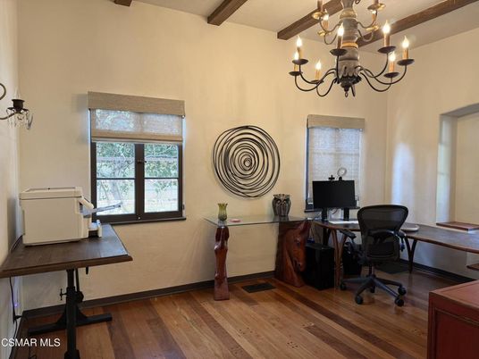 Chandelier, Home Office, Interior, Wooden Beams, Wood Texture Flooring