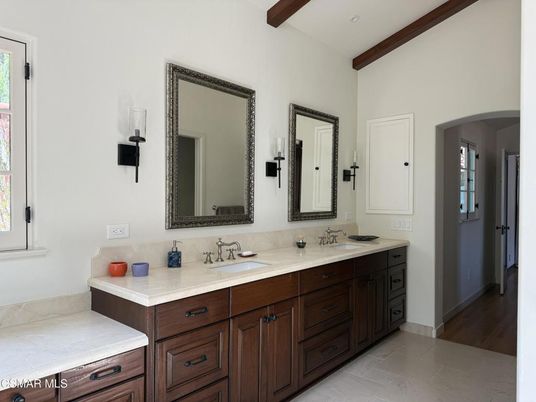 Bathroom, Dual Sink Vanities, Interior, Recessed Lighting, Wood Texture Flooring